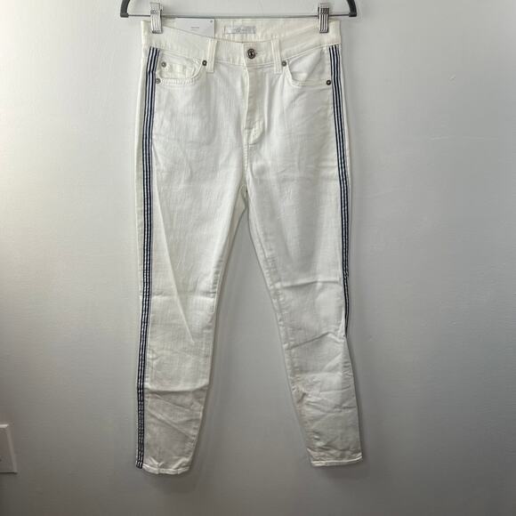 7 FOR ALL MANKIND White Cotton Side Stripe High Rise Ankle Skinny Jeans 27 NEW - Picture 2 of 12
